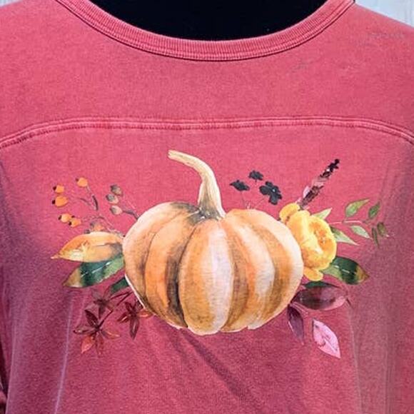Hand Printed Medium Upcycled Pumpkin Autumn Fall Flower 3/4 Sleeve Rustic Tee - Picture 2 of 4